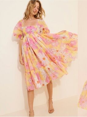 Selkie Yellow and Pink Floral Puff-Sleeve Midi Dress